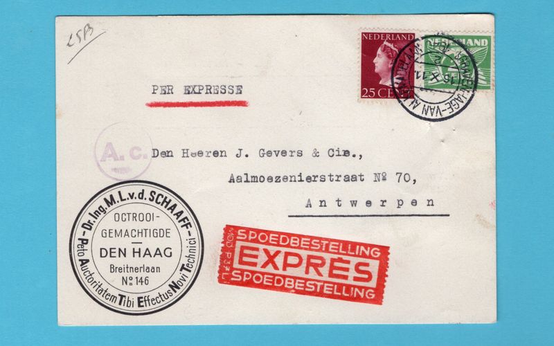 NEDERLAND expresse briefkaart 1940 's Gravenhage naar Antwerpen