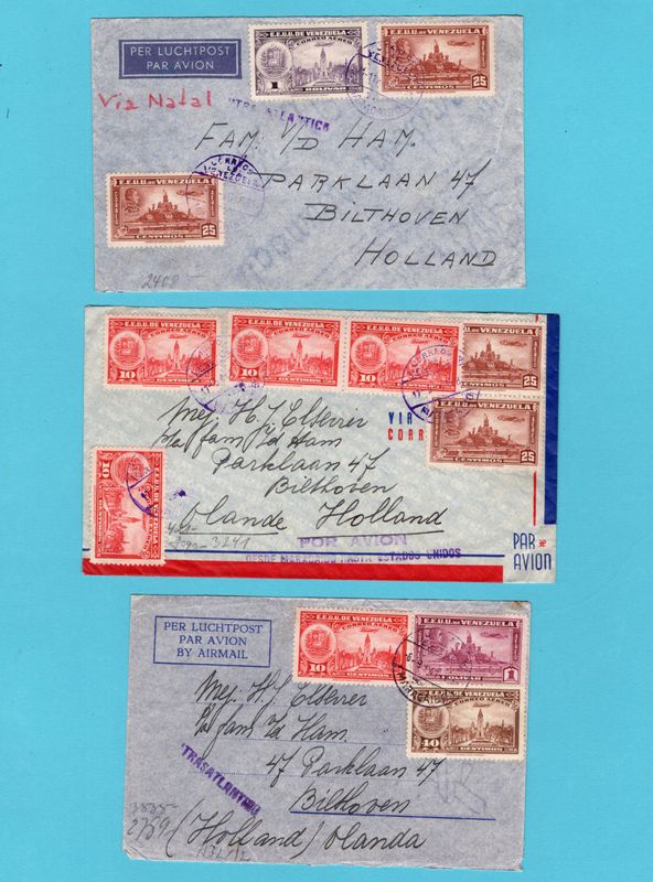 VENEZUELA 3 censor air covers 1940-41 Maracaibo to Bilthoven