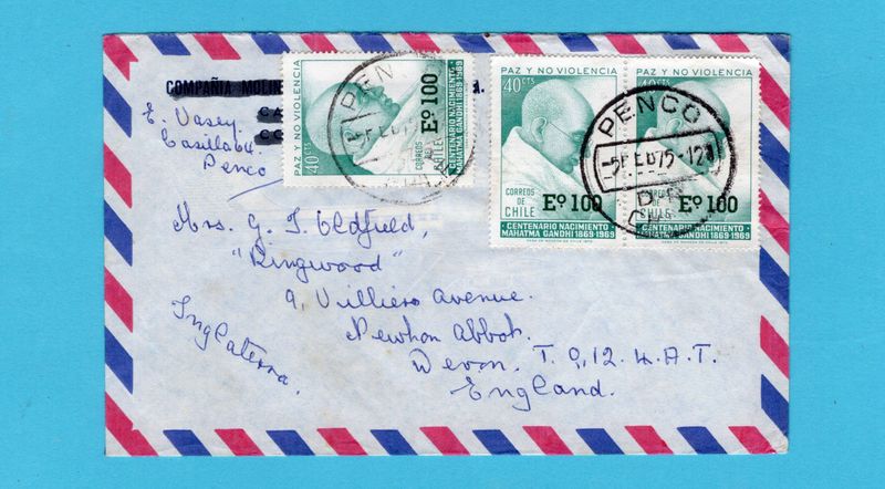 CHILE cover 1975 Penco with Mahatma Gandhi franking to England