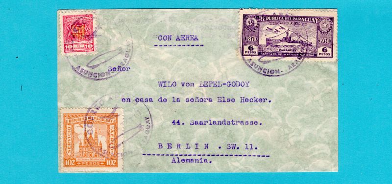 PARAGUAY air cover 1939 Asuncion to Germany