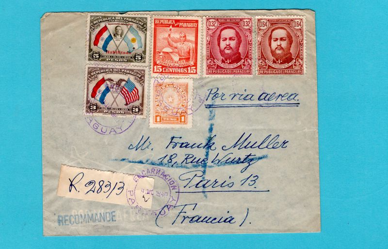 PARAGUAY R air cover 1949 Encarnacion to France