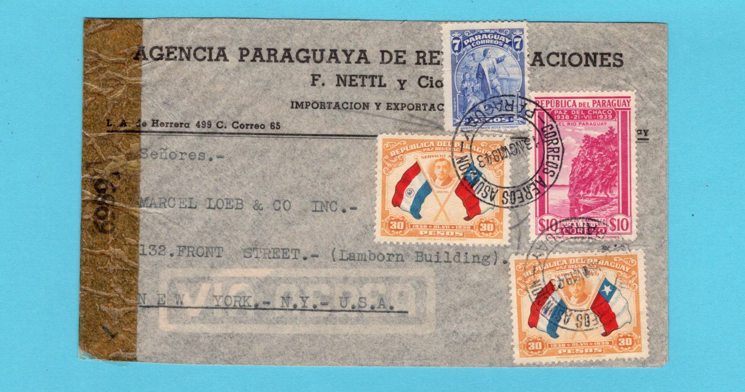 PARAGUAY censor air cover 1943 Asuncion to USA