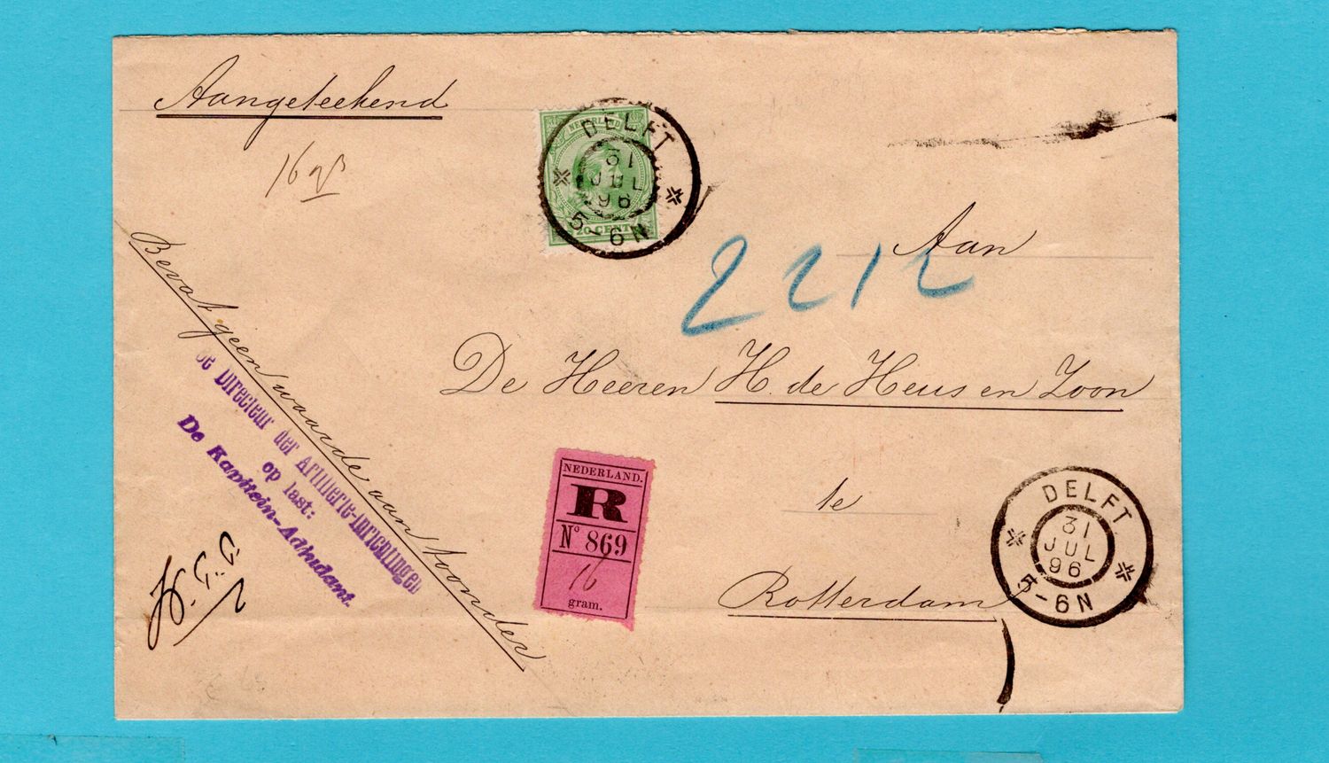 NEDERLAND R brief 1896 Delft naar Rotterdam