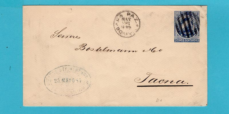 BOLIVIA postal envelope 1887 La Paz to Tacna