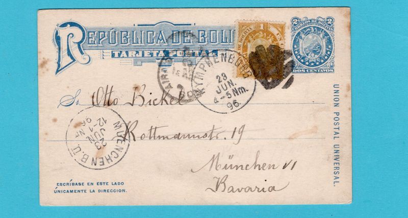 BOLIVIA postal card 1896 Potosi via Jujuy to München -redirected