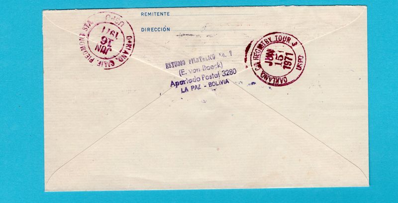 BOLIVIA R postal envelope 1971 La Paz to USA