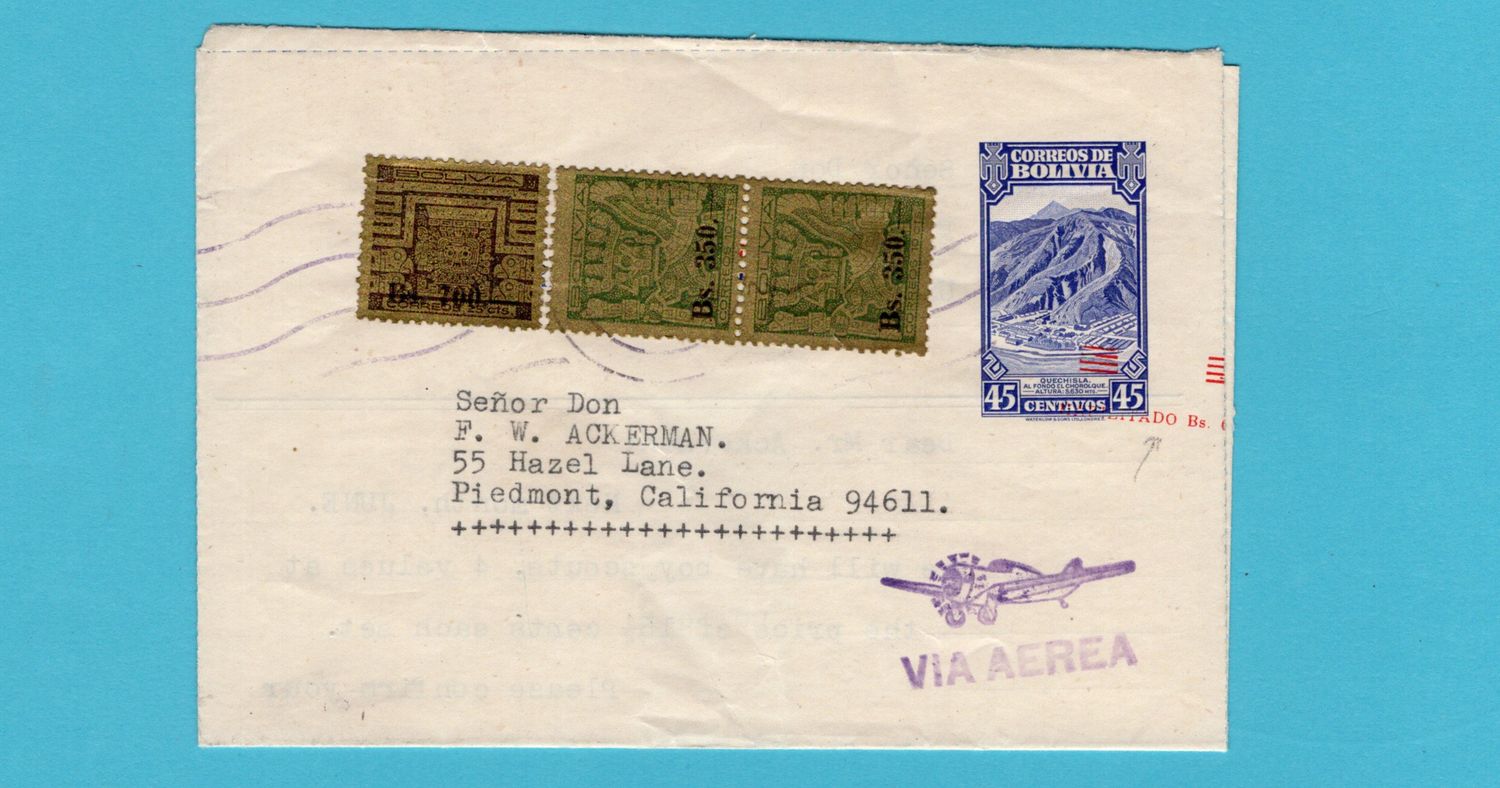 BOLIVIA letter sheet with shifted overprint La Paz to USA