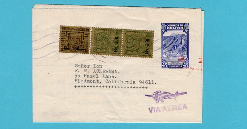 BOLIVIA letter sheet with shifted overprint La Paz to USA