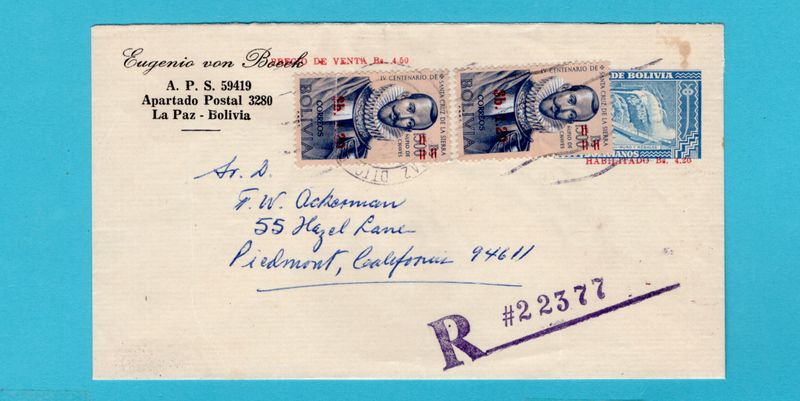 BOLIVIA R postal envelope 1971 La Paz to USA