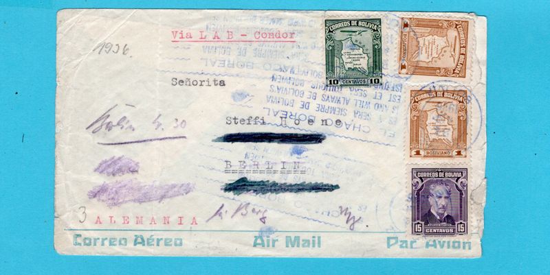 BOLIVIA Lab-Condor cover 1936 La Paz Chaco war slogan to Germany