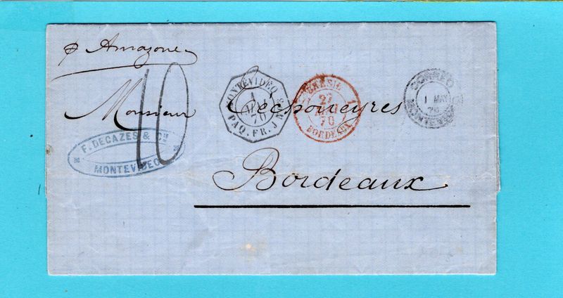 URUGUAY entire 1870 Montevideo paquebot to France