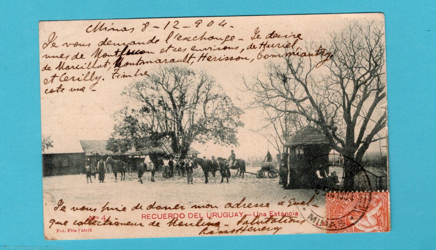 URUGUAY PPC una estancia 1904 Minas to France