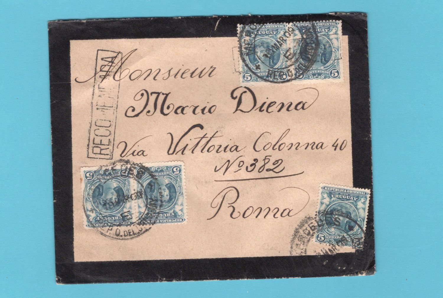 URUGUAY R mourning cover 1909 Mercedes to Rome, Italy