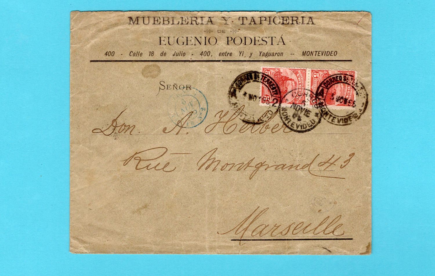 URUGUAY cover 1895 Montevideo to Marseille, France