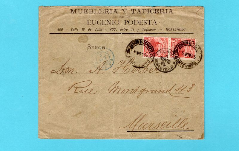 URUGUAY cover 1895 Montevideo to Marseille, France