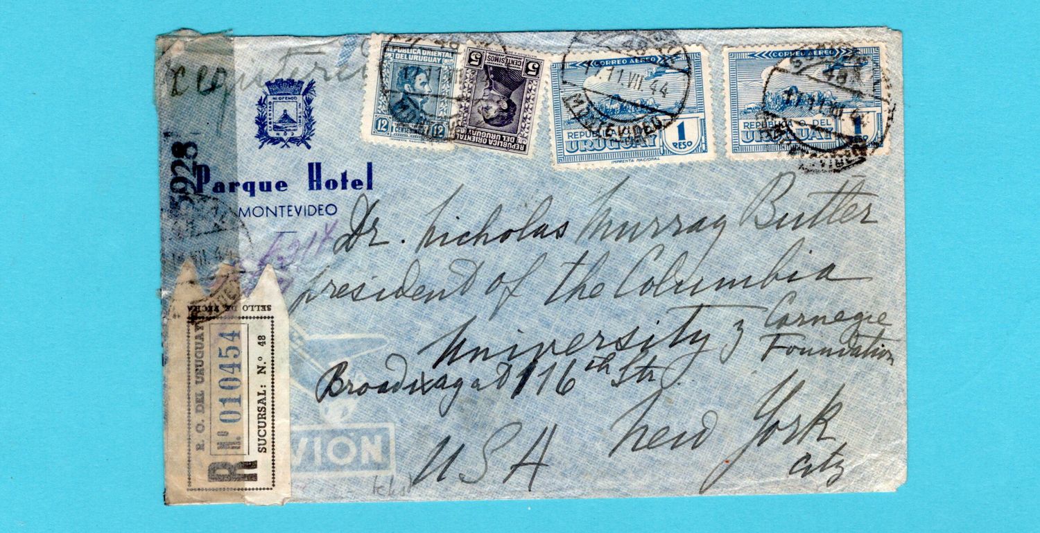 URUGUAY air censor cover 1944 Montevideo to USA with text at back
