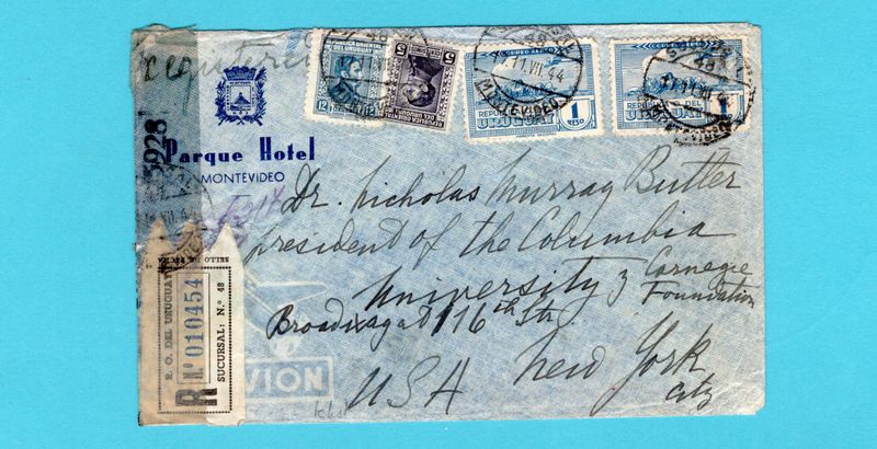 URUGUAY air censor cover 1944 Montevideo to USA with text at back
