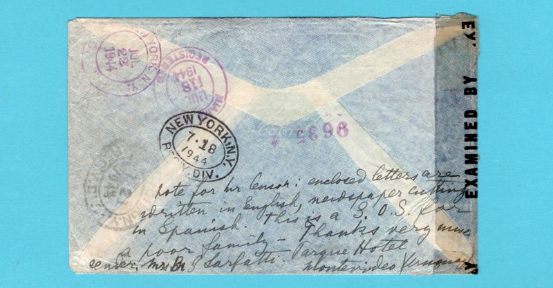 URUGUAY air censor cover 1944 Montevideo to USA with text at back
