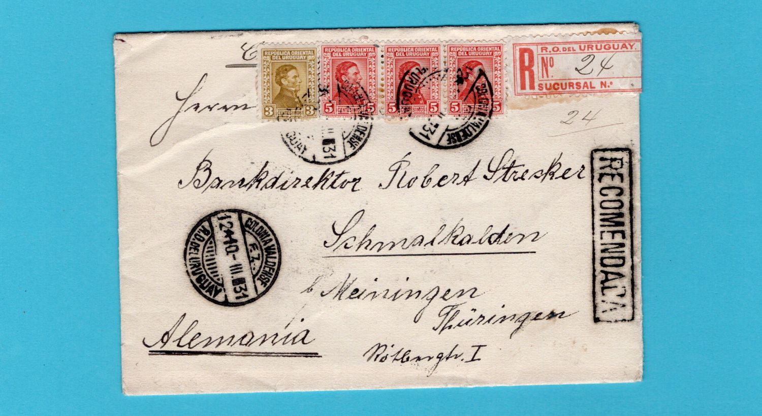 URUGUAY R cover 1931 Colonia Valdense to Meiningen, Germany