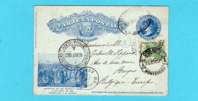 URUGUAY postal card 1902 Ambulante A56 Cardozo to Belgium
