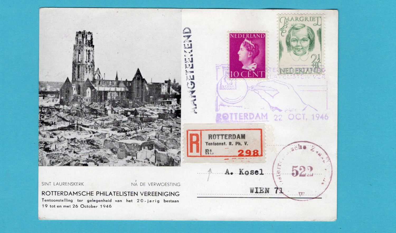 NEDERLAND R kaart 1946 Rotterdam Tentoonst R Ph V naar Oostenrijk