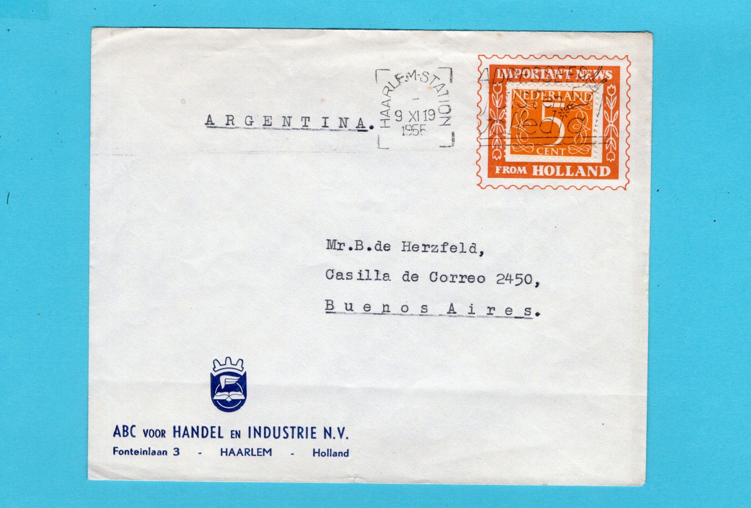 NEDERLAND drukwerk ABC Handel 1955 Haarlem naar Argentinië