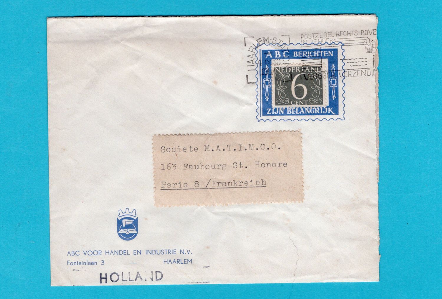 NEDERLAND brief ABC voor Handel 1957 Haarlem naar Parijs