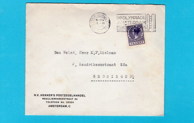 NEDERLAND brief met roltanding 1928 Amsterdam Olympiade