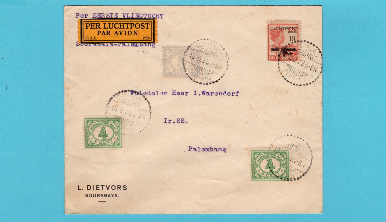NETHERLANDS EAST INDIES KNILM trial flight 1929 Soerabaja - Palembang