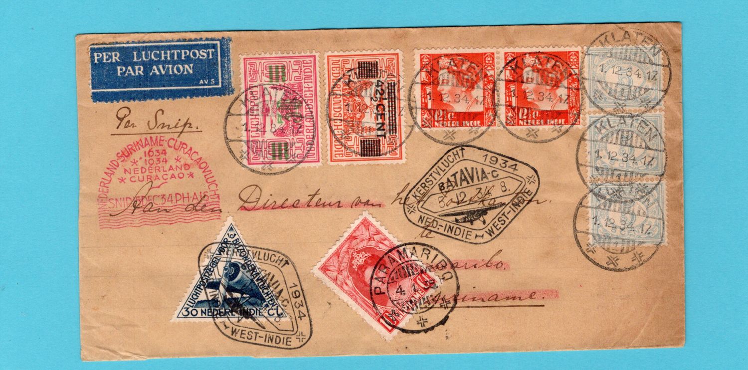 NETHERLANDS EAST INDIES SNIP Christmas flight 1934 Klaten -Suriname