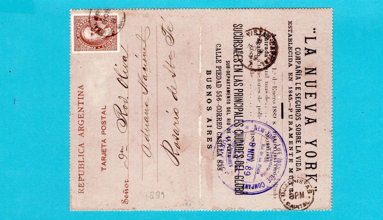 ARGENTINA letter sheet 1889 with life insurance advertising ARGENTINA letter sheet 1889 with life insurance advertising
