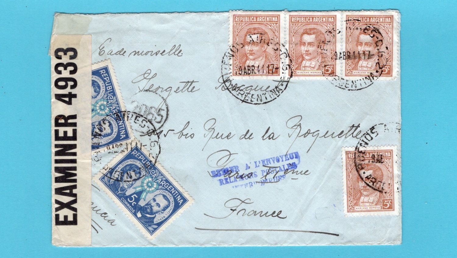 ARGENTINA censor cover 1941 to France service suspended