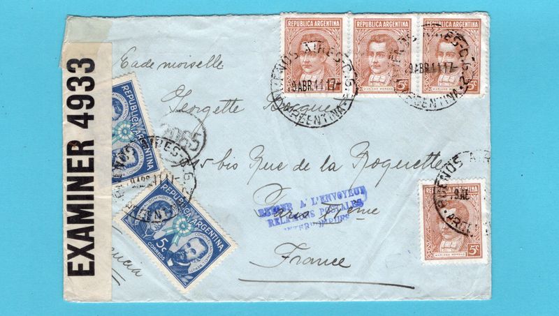 ARGENTINA censor cover 1941 to France service suspended