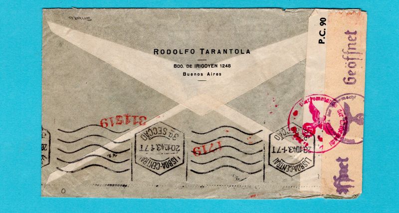 ARGENTINA censor air cover 1943 Buenos Aires to Sweden