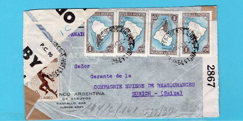 ARGENTINA censor air cover with perfin LFA 1942 Buenos Aires to Switzerland ARGENTINA censor air cover with perfin LFA 1942 Buenos Aires to Switzerland