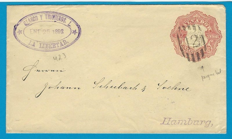 EL SALVADOR postal envelope 1892 La Libertad paquebot duplex "12"  to Germany