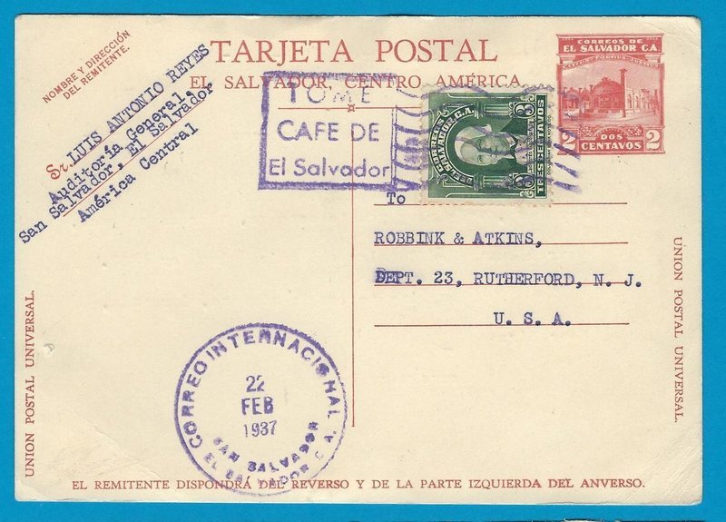 EL SALVADOR uprated postal card 1937 San Salvador to USA