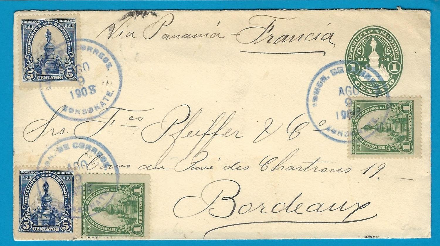El Salvador uprated postal envelope1908 Sonsonate to France