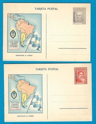 ARGENTINA 2 postal cards MUESTRA 1934 with map, flag