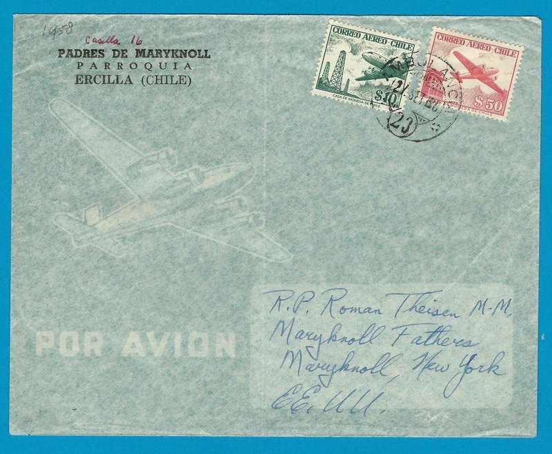 CHILE airmail cover 1958 Ercilla cancel Ambulancia 23 to USA