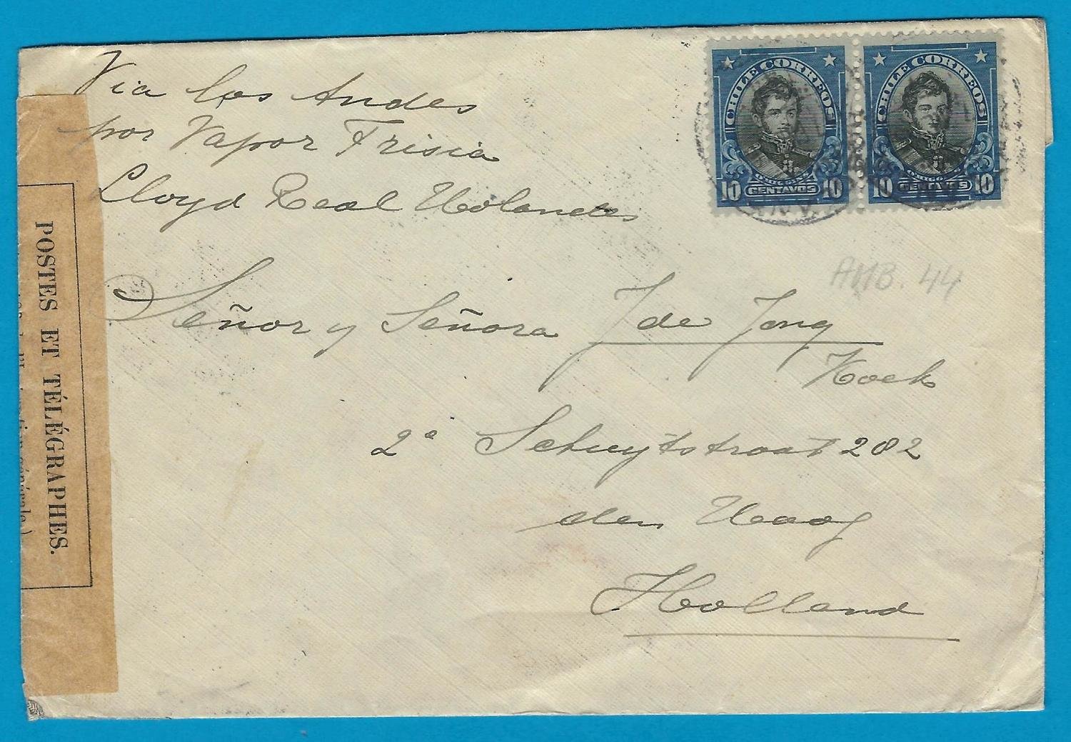 CHILE censored cover 1916 Sn Antonio with Ambulacia 44 to Netherlands