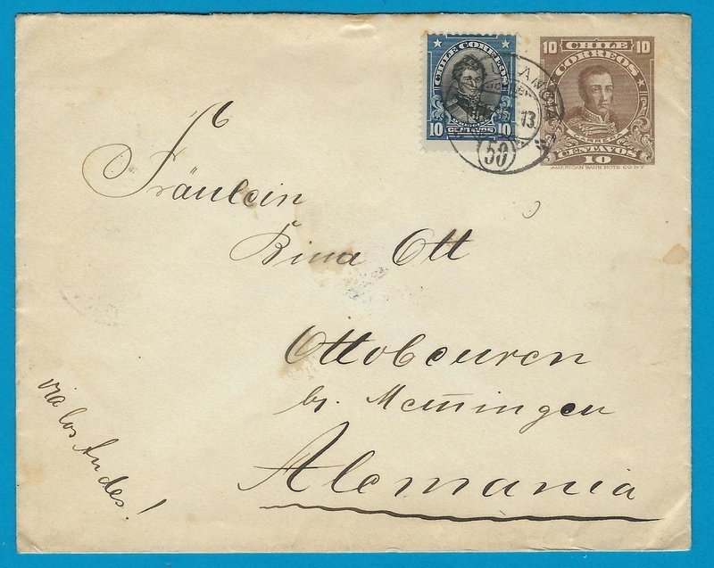 CHILE uprated envelope 1913 Ambulancia 50 to Germany