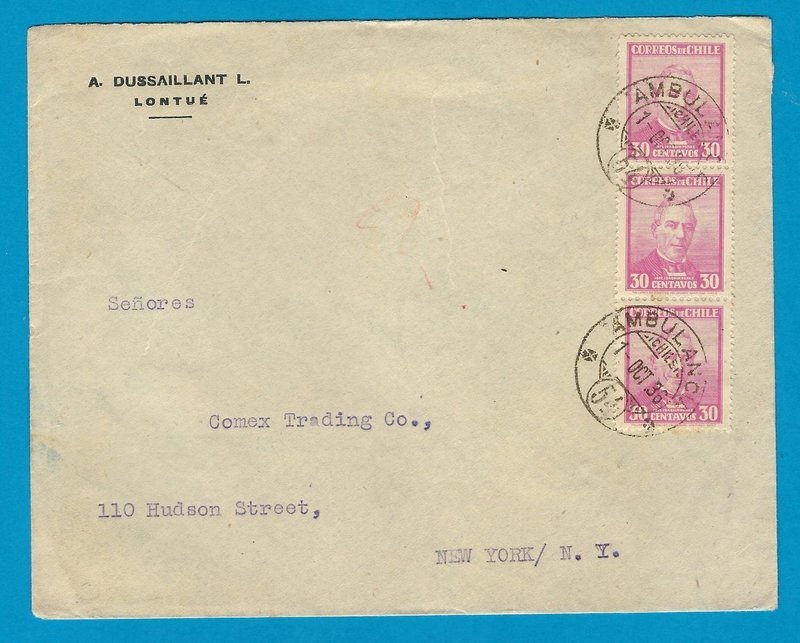 CHILE cover 1936 Lontué with Ambulancia 54 to USA