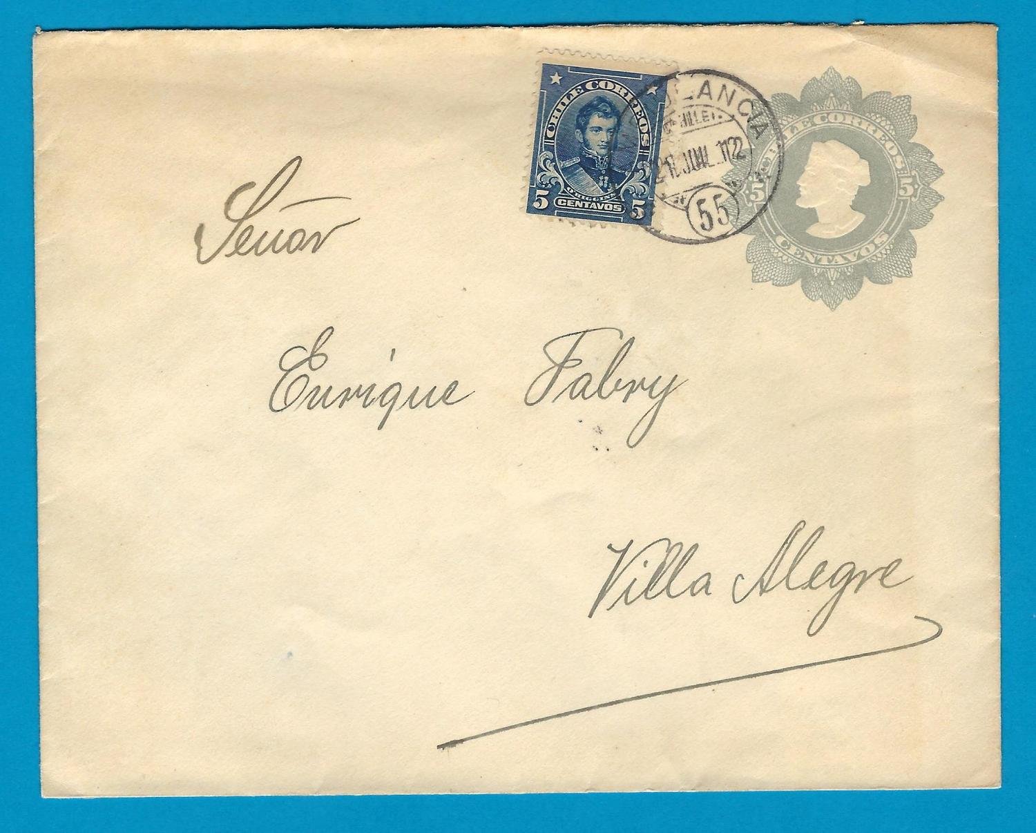 CHILE uprated postal envelope 1912 with Ambulancia 55 to Villa Alegre
