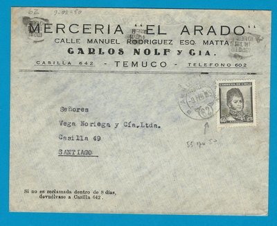 CHILE cover 1950 Temuco with Ambulancia 62 cancel error