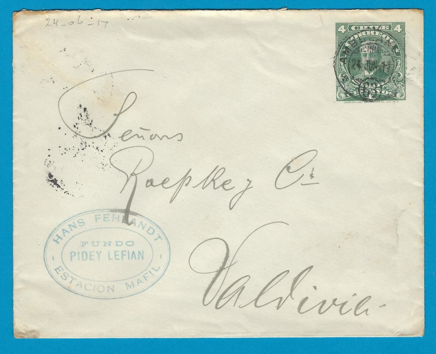 CHILE postal envelope 1917 Est Mafil with Ambulancia 63
