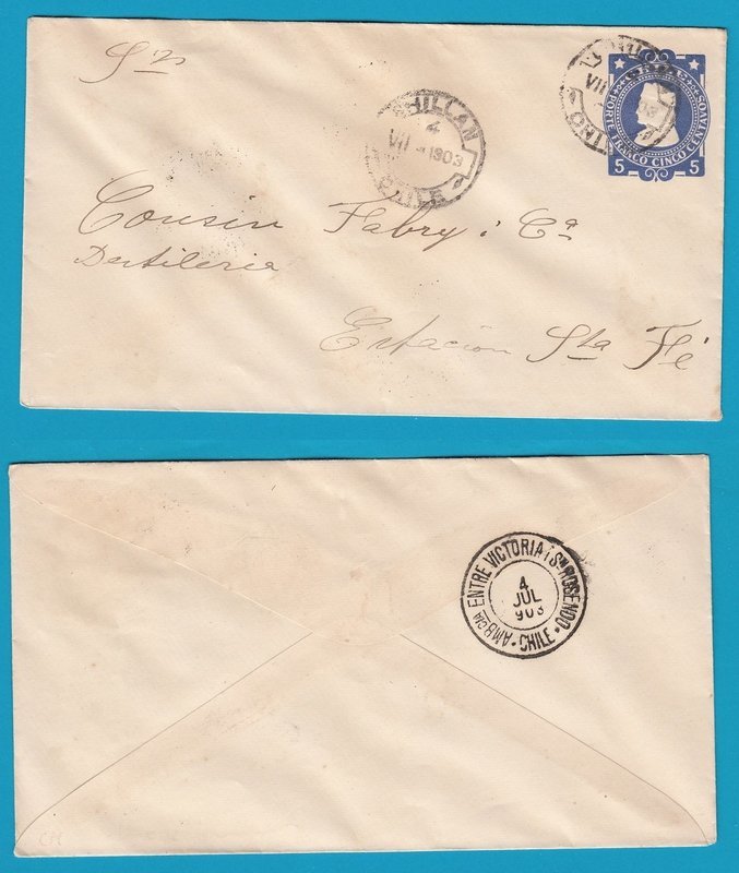 CHILE envelope 1903 with backcancel AMB entre Victoria y Sn Rosendo