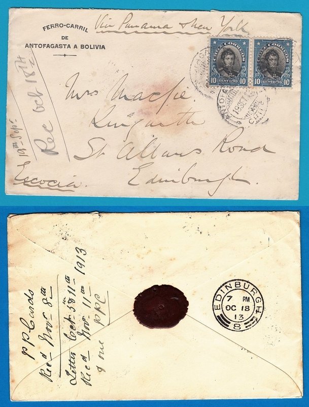 CHILE cover Ferrocarril Antofagasta 1913 to Scotland