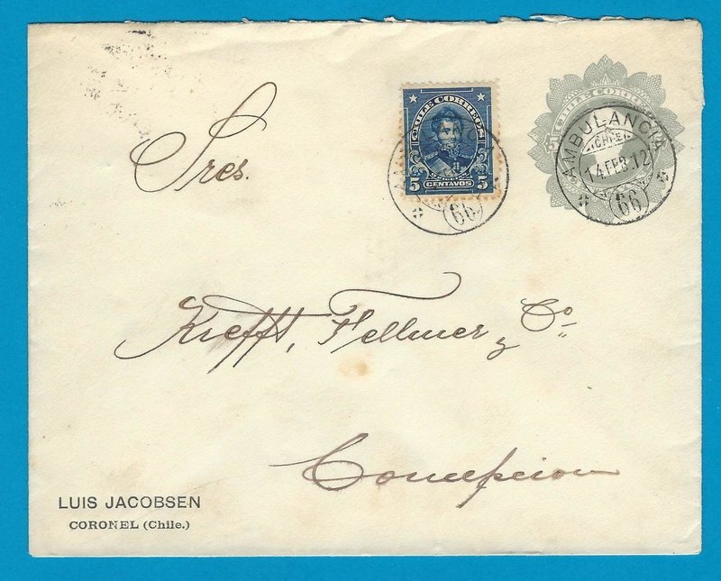 CHILE envelope 1912 Coronel with Ambulancia 66