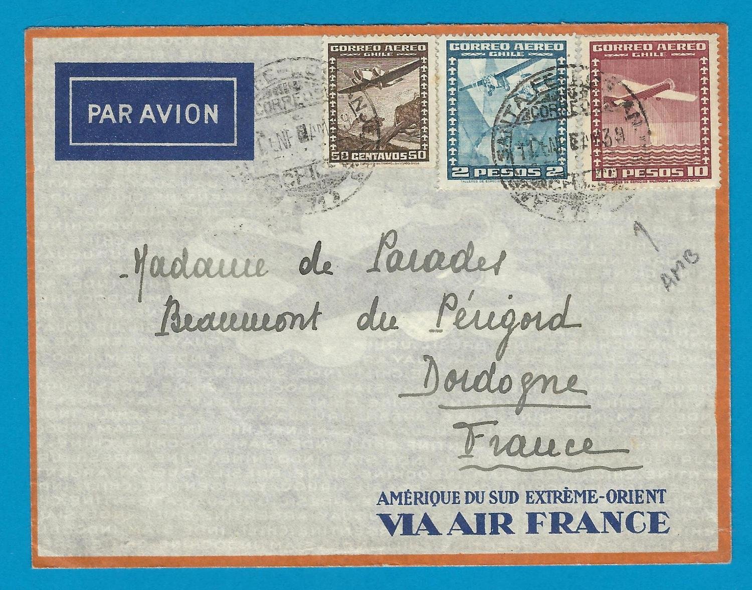 CHILE Air France cover 1939 with Ambulancia St Fé